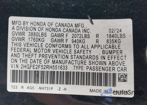 2024 Honda Civic Sport from USA, damaged, VIN 2HGFE2F52RH551633